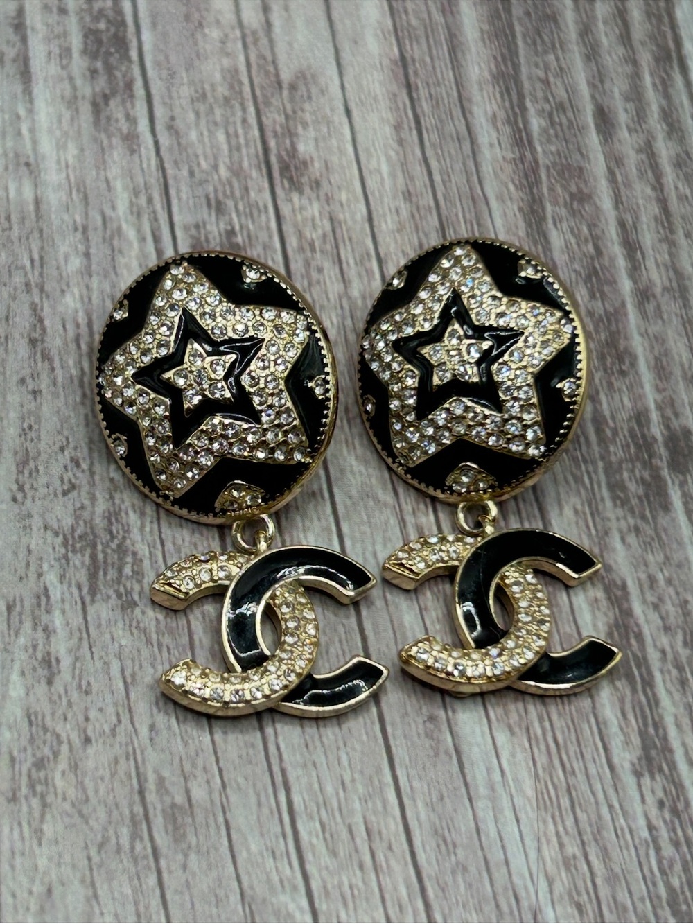 Star CC Chunky Drop Earrings Gold Black Enamel & Rhinestone